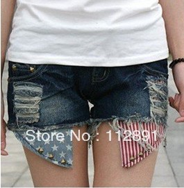 Fashion Stars Stripes US Flag rivet holes Classical Summer Denim shorts   M0026