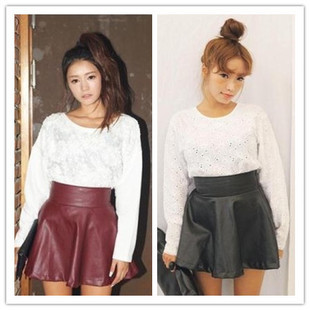 Fashion sty nda all-match elastic high waist PU puff short skirt leather skirt bust skirt