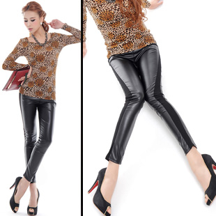 Fashion style G basic 600889 real pictures with legs model slim leather patchwork long leather trousers 280g Free shipping!