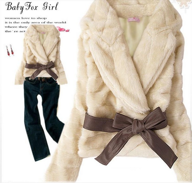 Fashion Style! Lady tide Faux Fur Rabbit Hair Coat Fluffy Short Outwear Belted