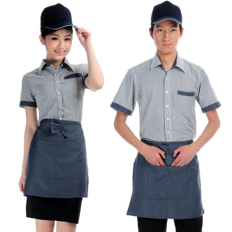 fashion summer slim stripes short-sleeve waiter clothes restaurant uniforms,for men and women,shirt+ apron,wholesale