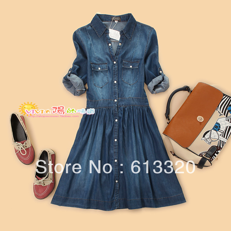 Fashion summer thin blue slim jeans women's denim solid color xxl/xxxl/XXXXL half three quarter sleeve plus size dress