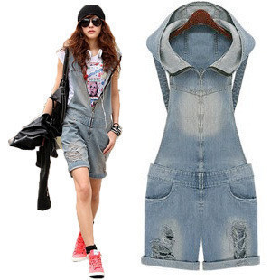 Fashion summer women's denim with a hooded jumpsuit bib pants