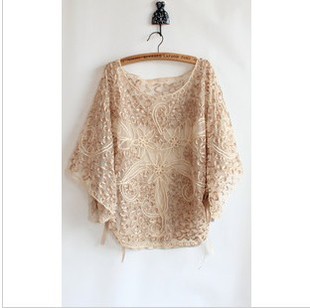 Fashion sweet batwing sleeve cutout crochet lace air conditioner shirt cutout sweater female shirt