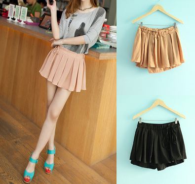 fashion sweet straps pleated chiffon all-match culottes powder black