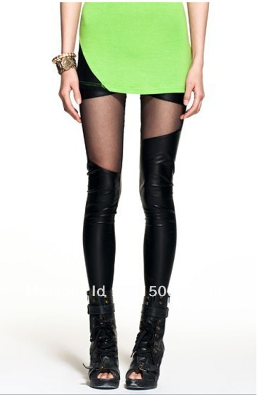 Fashion thicken / thin models Lederhosen irregular gauze stitching false through meat and nine fight leather leggings