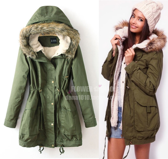 Fashion thickening berber fleece liner fur collar with a hood drawstring Army Green tooling wadded jacket cotton-padded jacket