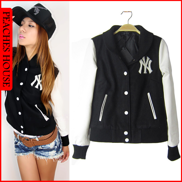 fashion thickening woolen PU patchwork single breasted short jacket baseball uniform female