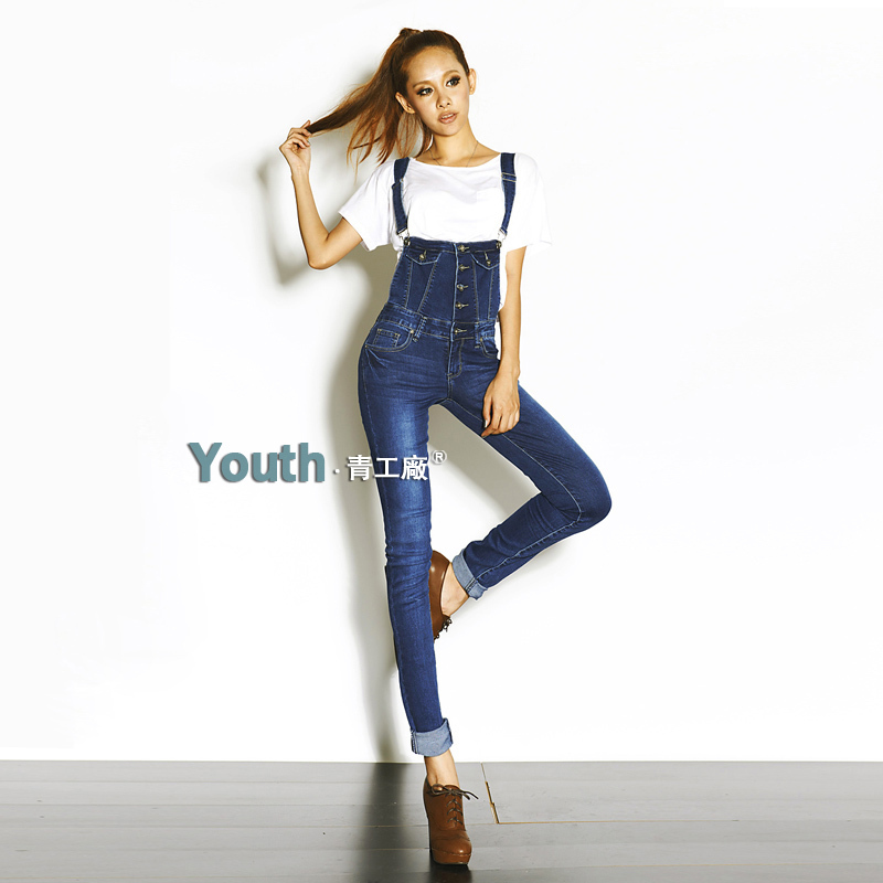 Fashion thin version of the bodice blue adjustable suspenders jeans female skinny pants pencil pants trousers