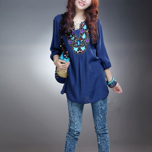 fashion top 2012 women's national trend embroidery flower beading viscose loose large half sleeve one-piece dress female