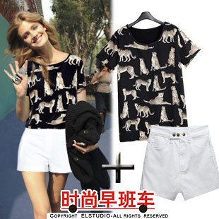 Fashion twinset pattern chiffon shirt all-match denim shorts bl564