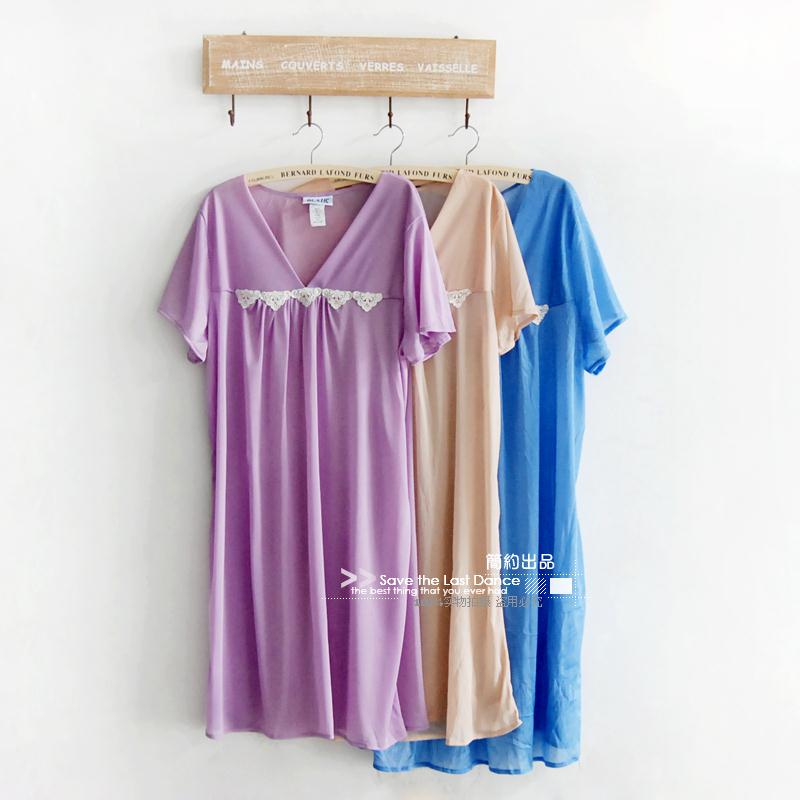 Fashion V-neck lace decoration faux silk short-sleeve nightgown sleepwear lounge plus size available