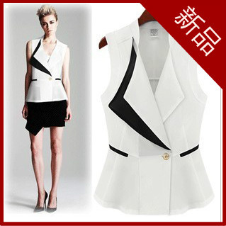 Fashion V-neck sleeveless slim waist elegant outerwear vest white black