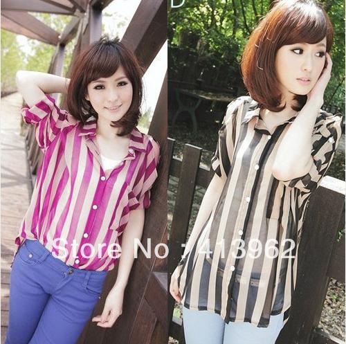 Fashion Vertical Stripes Patch Pockets Simple Loose Chiffon Blouse Tops Y6585