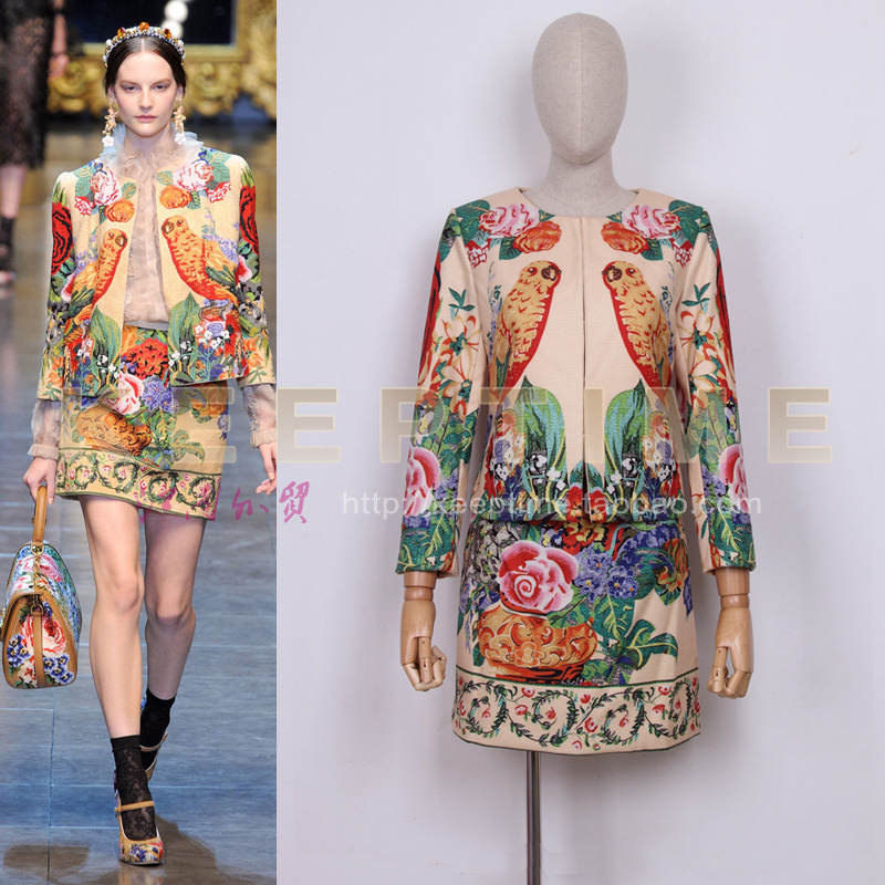 Fashion vintage 2012 ruslana korshunova print woolen 2 piece set outerwear half-skirt queen set dress