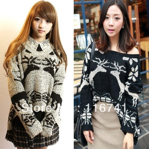 Fashion vintage deer pattern batwing sleeve pullover casual loose knitted sweater