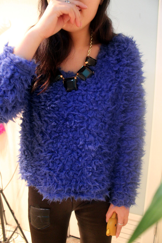 Fashion vintage drawing lamb wool faux sweater pullover angora fur coat the gaudiest