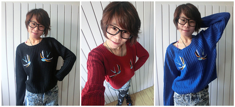 Fashion vintage embroidery thick yarn knitted pullover sweater three-color