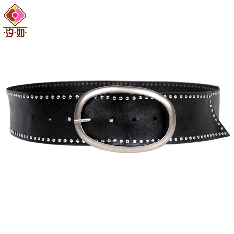 Fashion vintage first layer of cowhide wide belt fashion rivet decoration down coat genuine leather cummerbund black