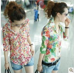 fashion vintage floral print shirt slim half sleeve shirt female