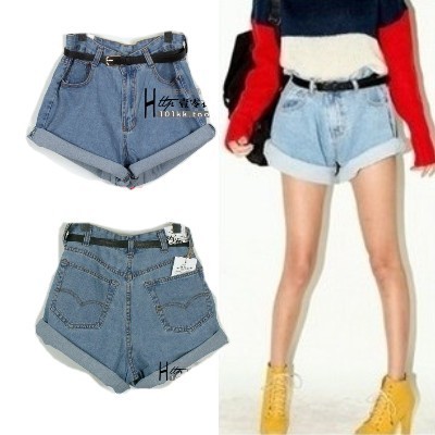 fashion vintage high waist denim  roll-up hem water wash loose plus size female  single- jeans shorts