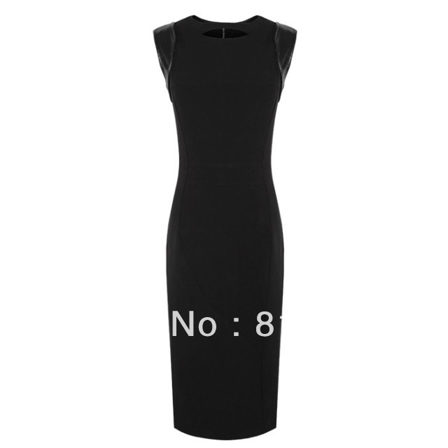 Fashion vintage high waist leather patchwork slim arc sleeveless tank  formal dress over-the-knee one-piece