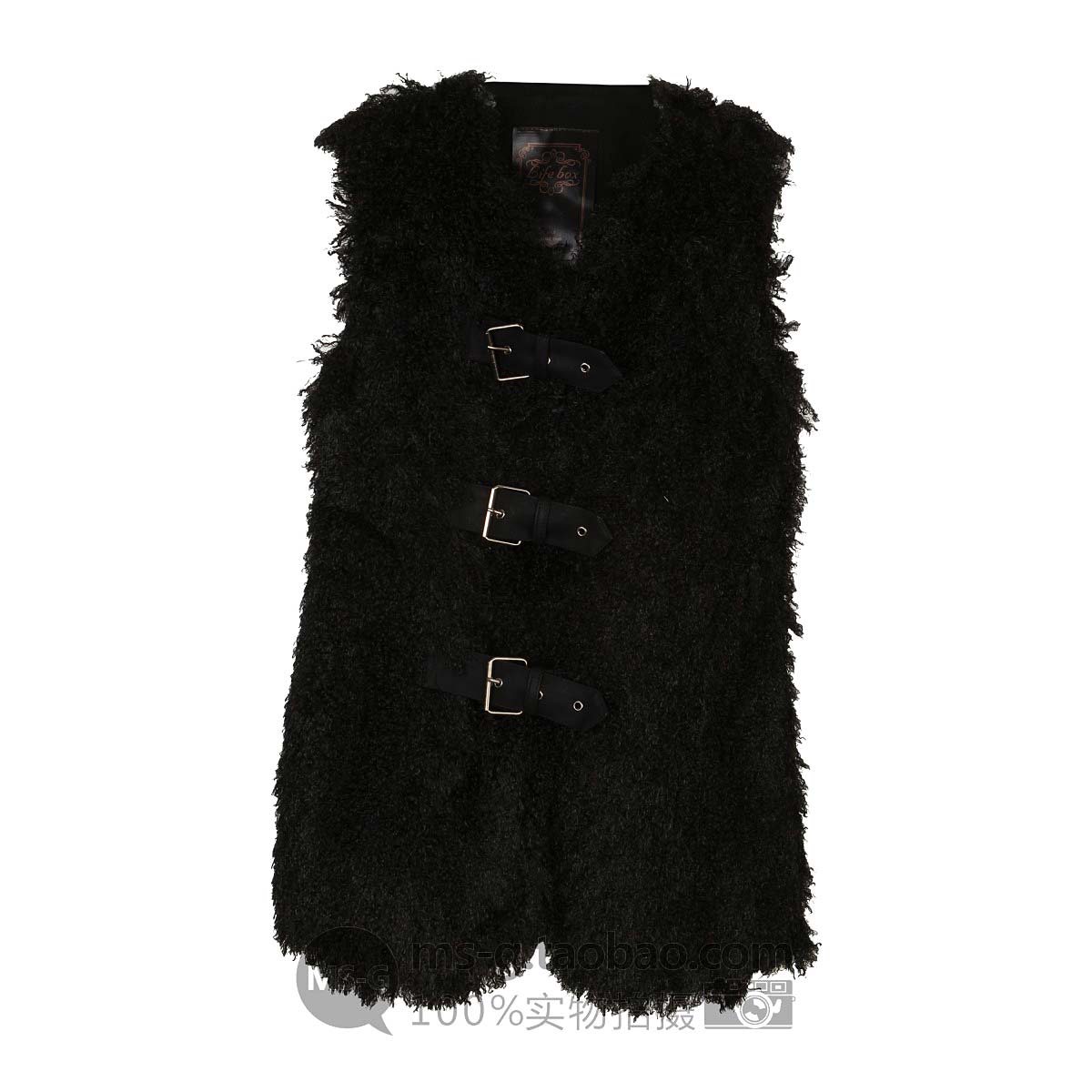 Fashion vintage leather buckle on woolen fur vest