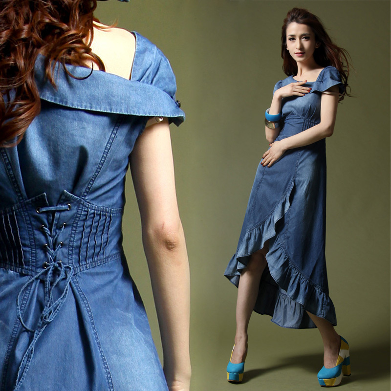 Fashion vintage oblique slit neckline slim dovetail expansion bottom denim one-piece dress full dress