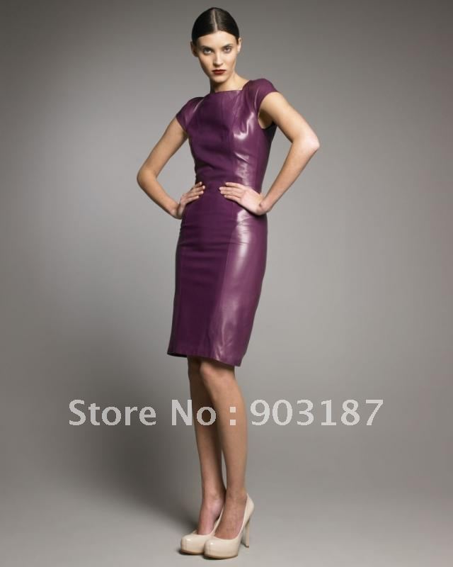 Fashion vintage ol brief sheepskin dress slim leather one-piece dress purple