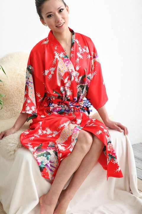 Fashion vintage peacock kimono robe faux silk women's tang suit bathrobes sleepwear lacing lounge