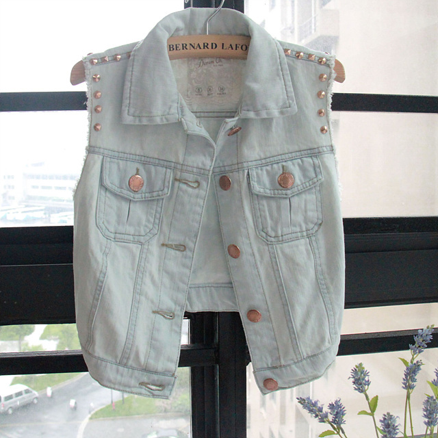 Fashion  vintage rivet water wash light color short design denim vest denim vest female