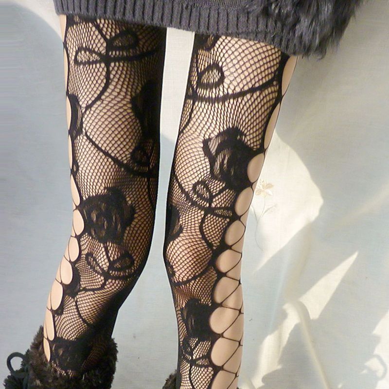 fashion vintage rose sidepiece carving cutout sexy side jacquard fishnet stockings pantyhose