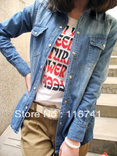 fashion  vintage water wash gradient Women long-sleeve blouse denim shirt jeans shirt