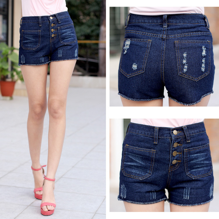 Fashion vintage whisker distrressed buckle loose high waist denim shorts female Dark Blue