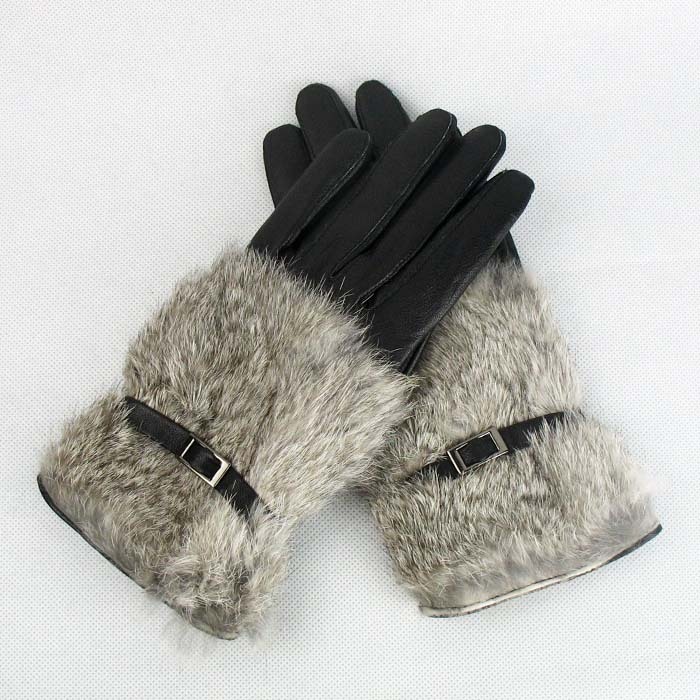 fashion warm Sheepskin gloves women's rabbit fur gloves genuine leather black gloves free size free shipping