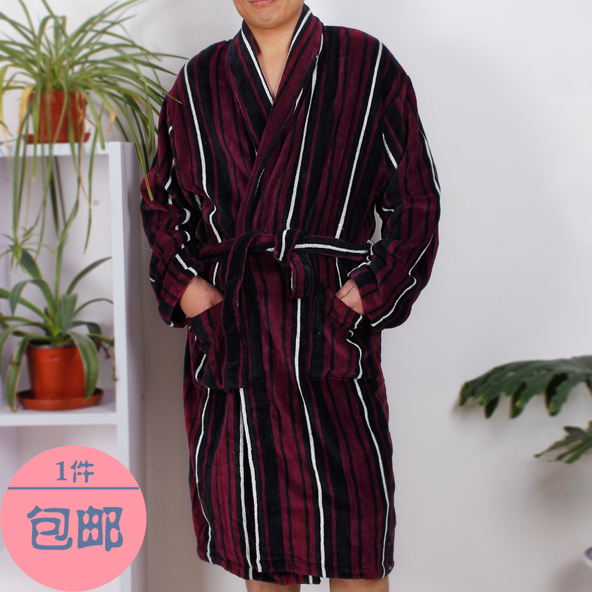 Fashion waste-absorbing stripe towel fabric lacing male long design lounge robe sleepwear