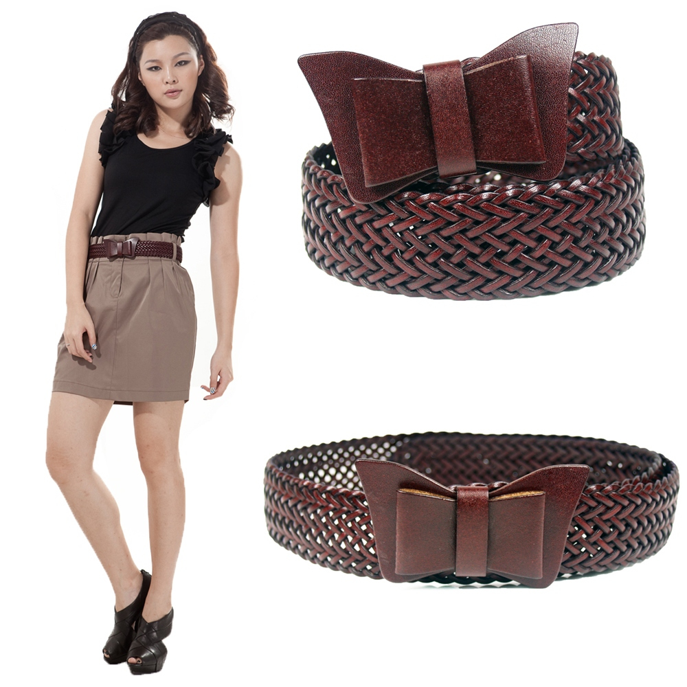 FASHION WIDE KNITTED COWHIDE LEATHER BELT WITH BIG BOW