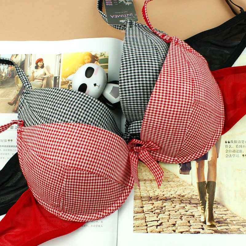 Fashion wind thick thin underwear v rustic plaid bra 70ab75ab80b