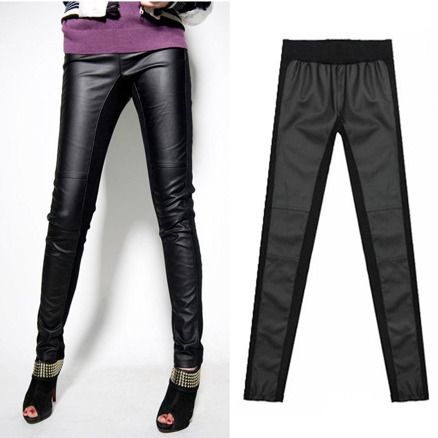 Fashion wind women's thickening double faced personalized patchwork ankle length trousers patchwork leather pants legging