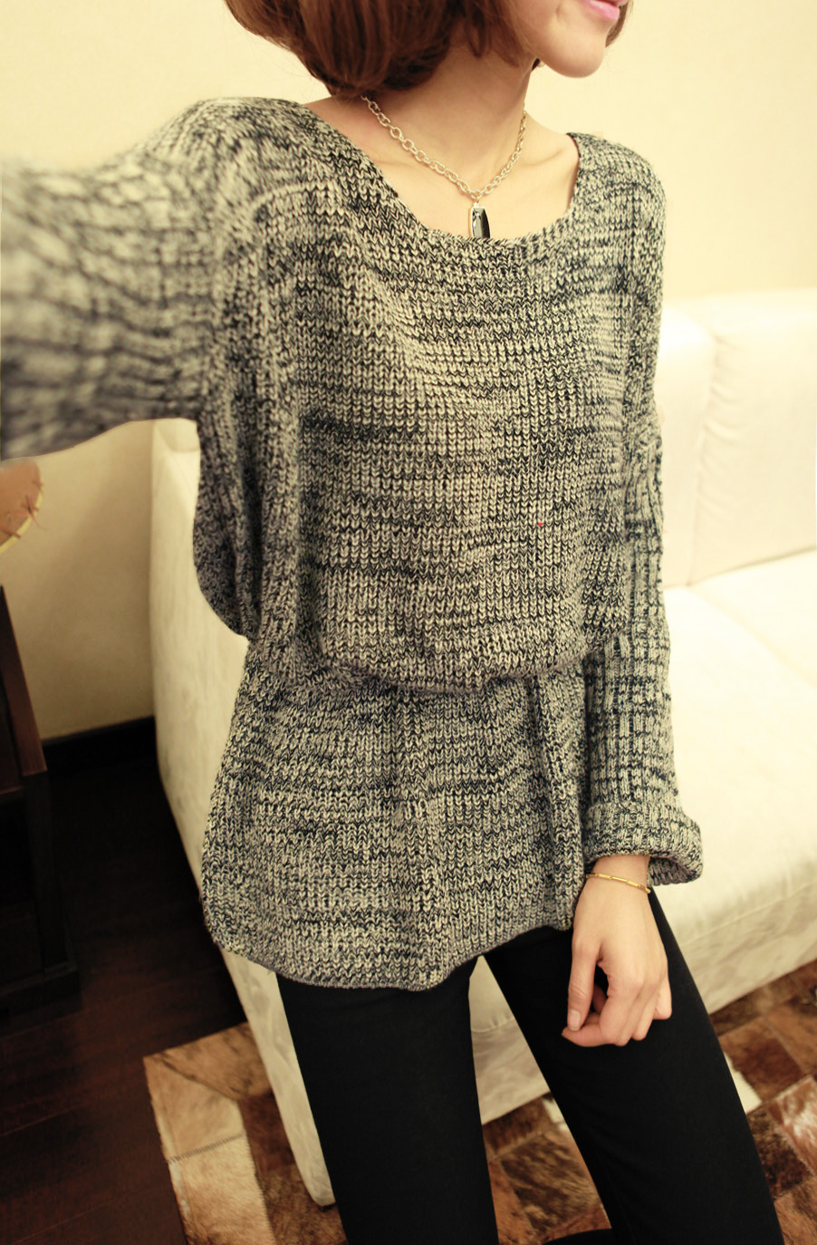 Fashion winter all-match sweep pleated slim waist loose female sweater w476p53