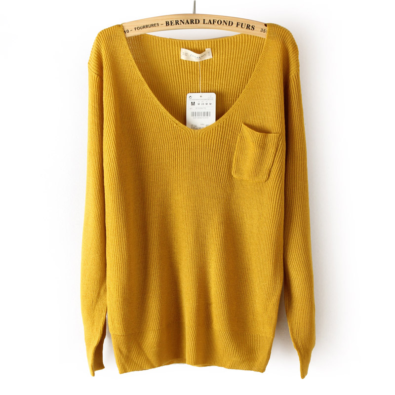 Fashion winter all-match V-neck pocket basic shirt long-sleeve pullover solid color knitted sweater female