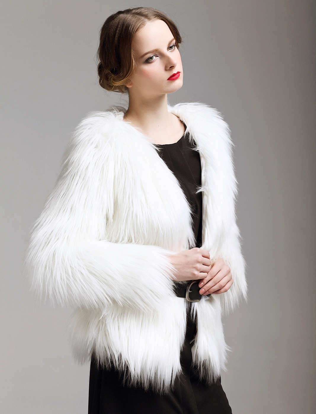 Fashion Winter Brief White Noble Luxurious Faux Fur Coat for Women With Strap Free shipping