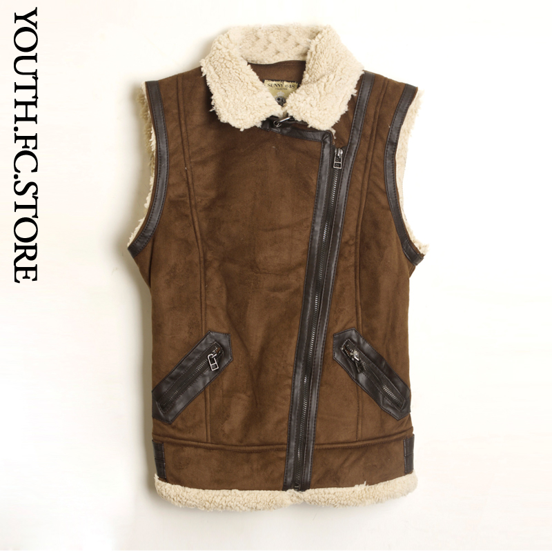 Fashion winter brown fur one piece turn-down collar cotton vest plus velvet thickening Women vest wool sweater vest