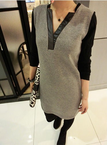 Fashion winter plus velvet thermal V-neck patchwork leather all-match basic skirt sexy long-sleeve dress