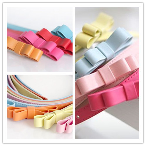 Fashion Woman Lady Candy Color Bowknot Thin Skinny Waistband Butterfly Belt Leather Charm Girdle Strap