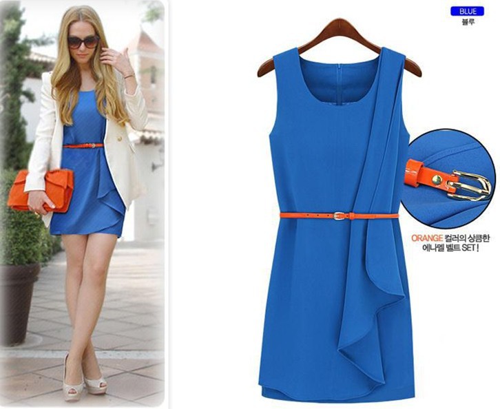 Fashion Woman Vintage Ruffles Sleevesless Dress With Beft Free High Quality Chiffon Blue Super Star Dresses Free Shipping