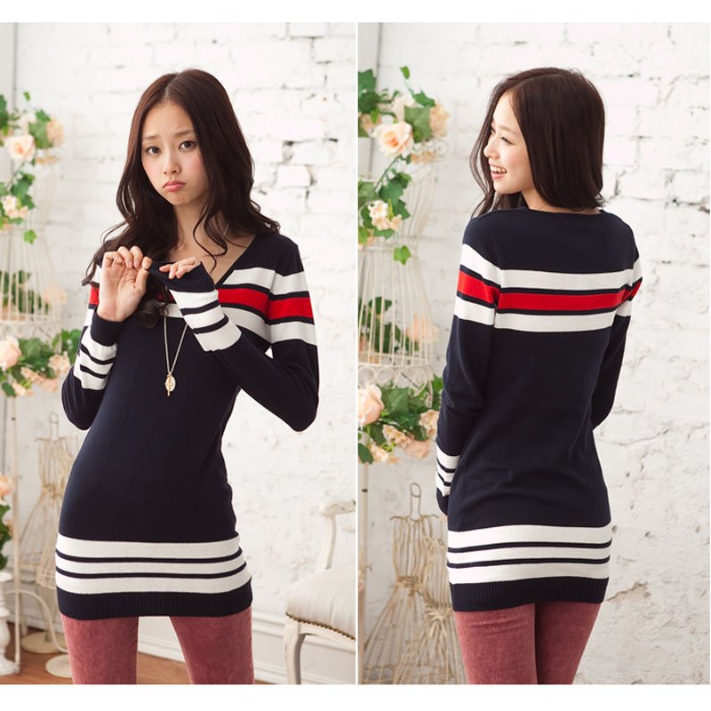 Fashion Women Blue Navy Stripe V Neck Long Sleeves Stretchy Slim Knit Dress Knitted Tunic Sweater,Free Shipping Wholesale