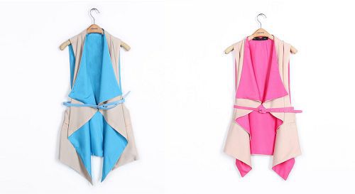 Fashion Women Candy Color Casual Sleeveless Drape Long Patchwork Waistcoat Suit Vest +Belt 70338 -70343