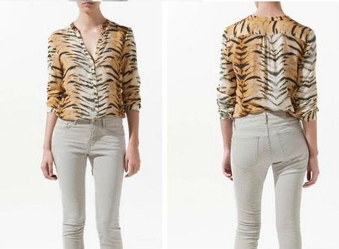 FASHION WOMEN CHIC SEXY LONG SLEEVE V-NECK TIGER PRINT SHIRT BLOUSE TOP