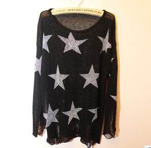 Fashion women five-pointed star loose pullover long-sleeve hole sweater